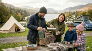 A large thermos flask keeping drinks hot during a chilly family hike in the Lake District.