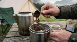 Close-up of coffee grounds being added to the basket of a camping coffee percolator to prepare a morning brew.