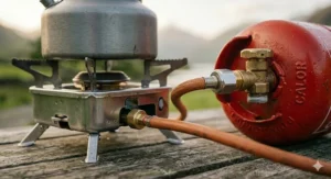 Close-up of a gas regulator being attached to a propane gas cylinder for a camping stove.