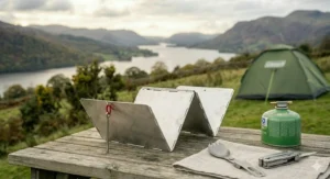 A step-by-step view of setting up a protective wind shield around a portable camping stove.