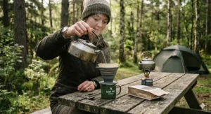 Using a cafetière to brew fresh coffee at a campsite
