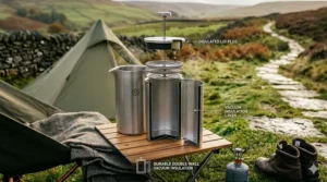 An insulated stainless steel camping French press with a detailed view of its vacuum insulation layer and lid plug, keeping coffee hot during a cold morning.