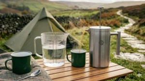 A one-litre camping French press being poured into two enamel mugs, perfect for morning coffee on a UK caravan trip.