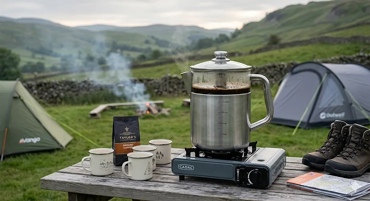 A large stainless steel camping percolator brewing fresh coffee on a portable stove at a UK campsite in the Lake District, surrounded by hiking gear and tents. large camping percolator for groups
