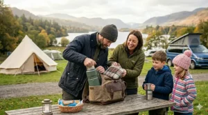 A large thermos flask pouring hot tea into four camping mugs for a family.