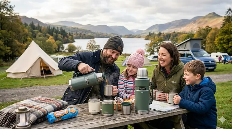 A family sharing hot drinks from a large thermos flask while camping in the British countryside. large thermos flasks camping families