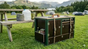 Lightweight aluminium camping kitchen stand set up on a grassy campsite pitch.