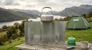 Close-up of a lightweight aluminium camping stove wind shield reflecting heat.