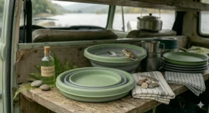 Lightweight, space-saving collapsible bowl inside a campervan kitchen.
