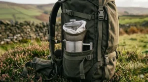 A lightweight, portable French press designed for hikers, packed neatly inside a rucksack side pocket.