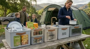 A modular kitchen storage system customised for a family-sized tent.