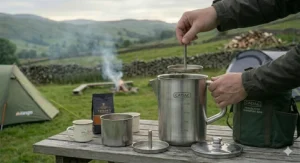 A detailed view of the large camping percolator assembly, highlighting the stem and basket being lowered into the main body for daily use.