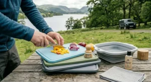 A colour-coded, 3-piece camping chopping board set for organised outdoor meal preparation.