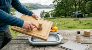 Anti-slip camping chopping board with textured surface for safe food preparation on uneven ground.