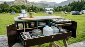 Organised camping pantry storage box showing efficient gear packing and layout.