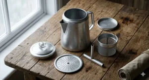 A diagram showing the internal components of a camping coffee percolator, including the basket, stem, and lid assembly.