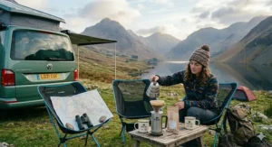 A finished mug of black pour-over coffee held in hands with a view of a scenic British landscape in the background.