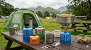 Pierceable butane gas cartridge for traditional camping stoves.