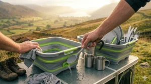 A illustrated map of the Lake District highlighting campsites and key local amenities for wild camping.