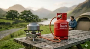 A metal kettle sitting on a portable camping stove connected to a red propane gas bottle.