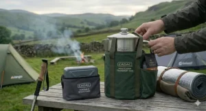 The large camping percolator packed into a transport bag next to a portable stove, highlighting its portability for group trips and hiking holidays.