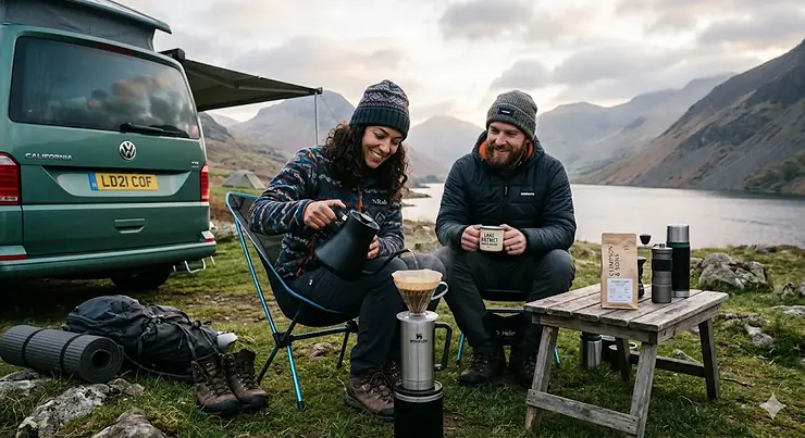 A couple enjoying fresh pour-over coffee while camping in a campervan in the British countryside. pour over coffee camping