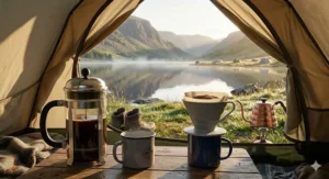 Setting up a pour over coffee dripper with a paper filter in the outdoors