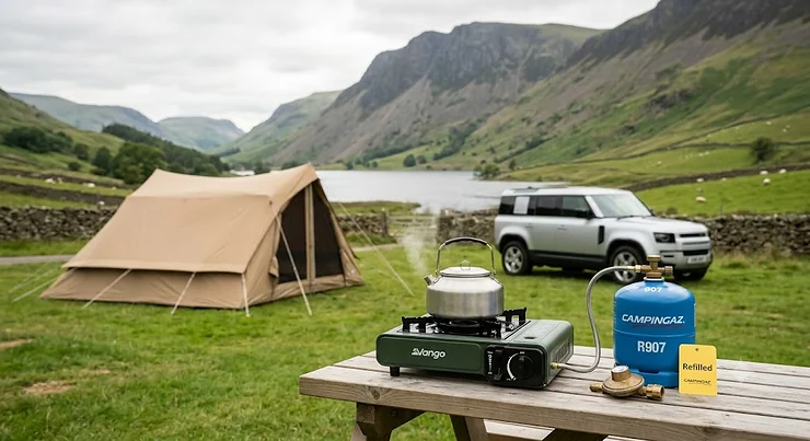 Campingaz gas cylinder being exchanged for a full refill at a UK retailer. price Camping Gaz refills
