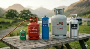 A comparison of various sizes and types of LPG gas cylinders used for camping in the UK.