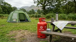 Large refillable gas cylinder used for family camping trips.