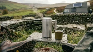 A shatterproof, ruggedised French press coffee maker designed for off-grid campervan living, placed on a stone wall near a motorhome.