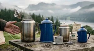 A selection of different-sized camping coffee percolators lined up to demonstrate capacity options for solo and group trips.