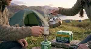 Properly storing camping gas canisters in a cool dry crate.