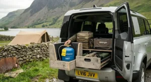 Recommended safe storage method for Campingaz refills in a caravan or motorhome.