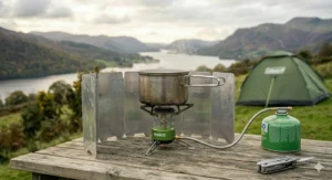 A sturdy, high-quality wind shield protecting a backpacking stove on rugged terrain.
