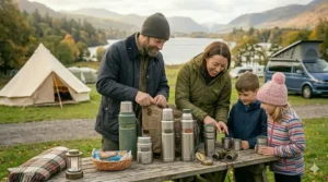 Close-up of a sleek, stainless steel large thermos flask designed for outdoor family use.