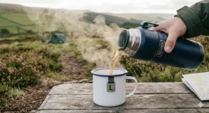 Steam rising from a cup of tea poured from a flask on a chilly morning at the campsite.