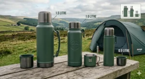 Size comparison of three different thermos flask capacities for camping trips.