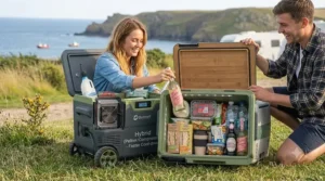 A couple opening an electric cool box to take out chilled drinks at a park picnic.