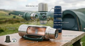 Close-up of a vacuum-insulated camping flask showing the leak-proof lid mechanism.