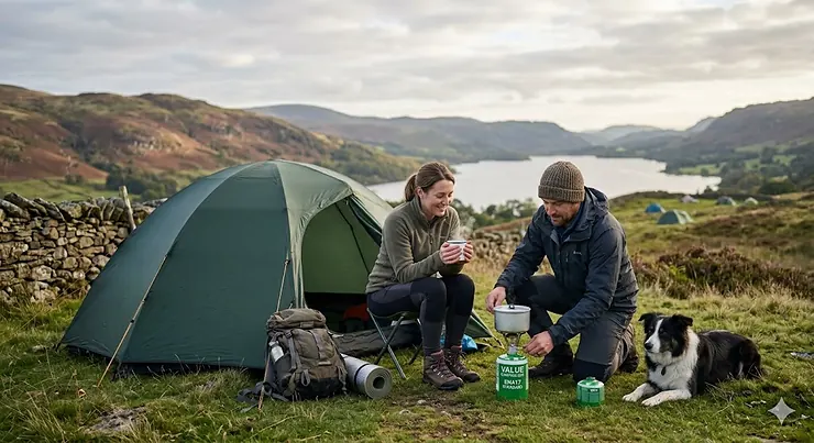 Assorted value camping gas canisters on a portable outdoor stove. value camping gas canisters