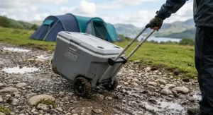 A person pulling a wheeled Coleman cool box across uneven, muddy terrain at a campsite.