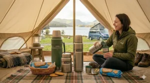 A family wrapped in warm clothing using a large thermos flask during a winter camping trip.