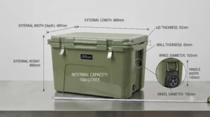 Annotated diagram displaying the external dimensions of a 100L cool box.