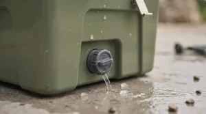 Close-up of the integrated drainage plug on a 100L cool box for easy cleaning.