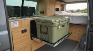 100L cool box placed in a campervan interior to show space-saving efficiency.