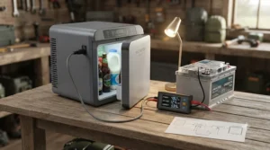 A 12v camping fridge connected to a portable leisure battery with a power monitor displaying energy usage.