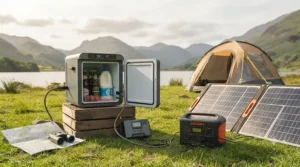 An eco-friendly 12v camping fridge setup powered by a portable solar panel and leisure battery at a campsite.
