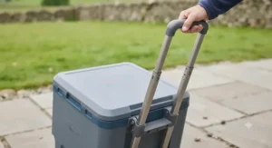Close-up of the extendable telescopic handle on the 50L wheeled cool box for easy transport.