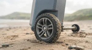 A close-up shot focusing on the heavy-duty, rugged rubber wheel of the cool box, covered in sand after a trip to the beach.
